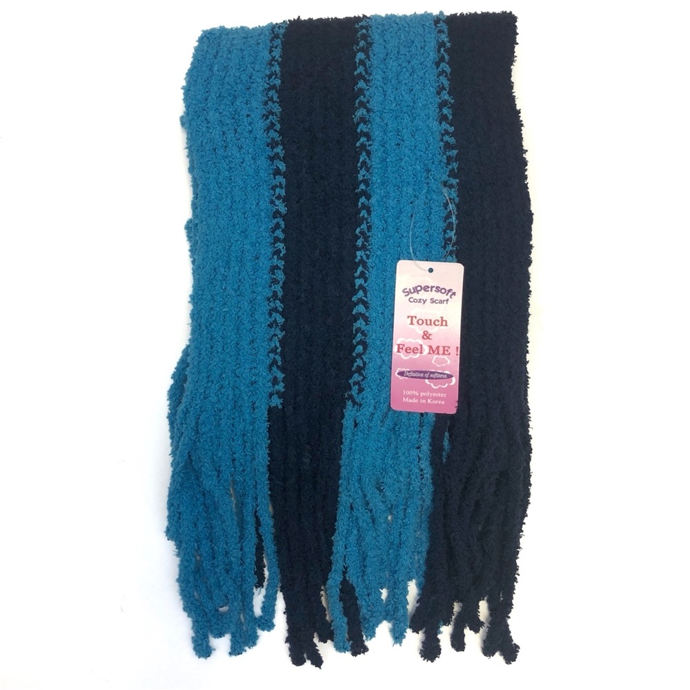 Supersoft Cozy Chenille Knit Winter Scarf - Aqua & Navy Blue Striped